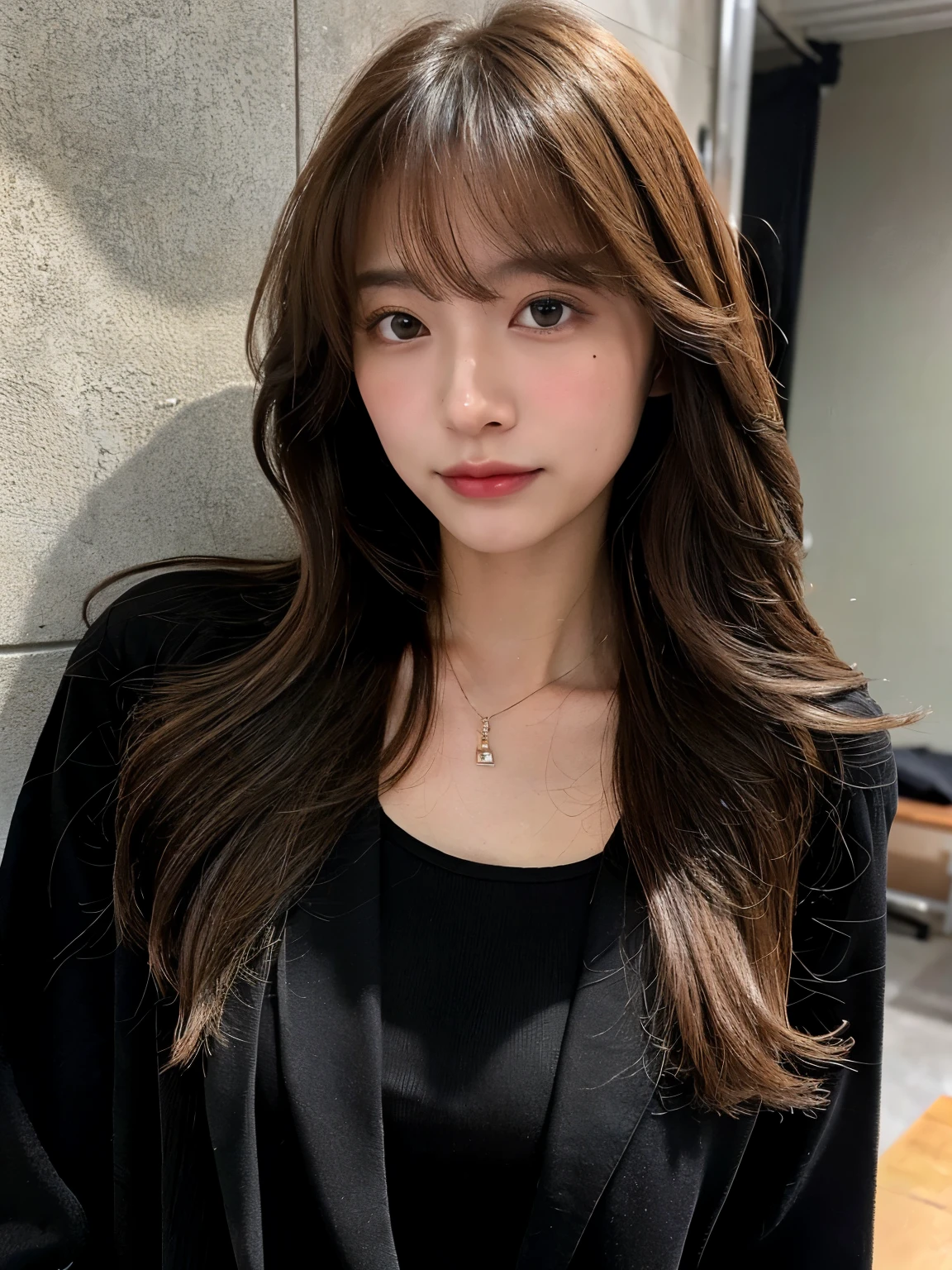 (Very realistic photos, concentrated、High resolution, Detailed face, Detailed Hair,Fine grain), ((Shooting in front of a wall))、Japanese women, 20-year-old, Various expressions, Upper Body、alone:1, Slim figure,((Wearing a black jacket))、Only one person is in the photo、Simple Necklace、(Long Hair)((brown hair color))