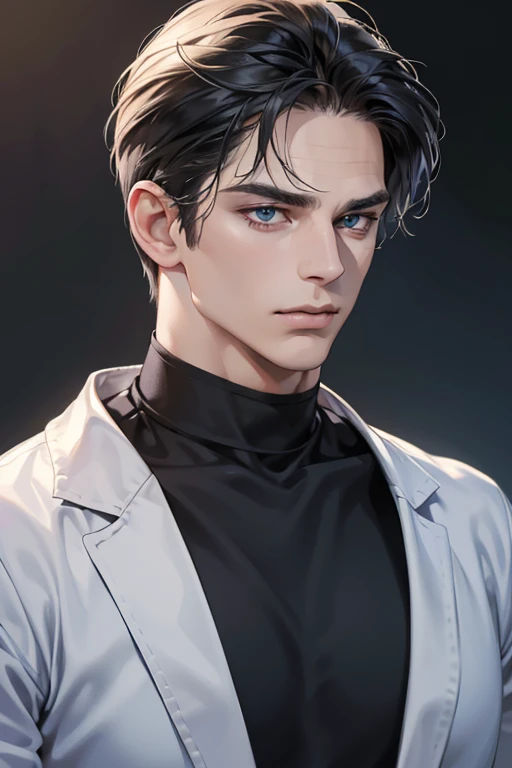 (Best quality,4K,8K,a high resolution,masterpiece:1.2),ultra detailed,(realistic,photorealistic,photo-realistic:1.37),39 year old man,Beautiful anime,portraits,strong,masculine,dark hair,Sharp jawline,Mesmerizing eyes,Perfectly styled hair,confident expression,bright colors,dynamic lighting,Blue eyes,(Black T-shirt),(dark skin),((mature man, man 40 years old)), (square jaw)