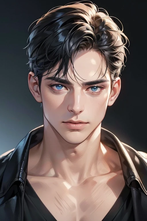 (Best quality,4K,8K,a high resolution,masterpiece:1.2),ultra detailed,(realistic,photorealistic,photo-realistic:1.37),39 year old man,Beautiful anime,portraits,strong,masculine,dark hair,Sharp jawline,Mesmerizing eyes,Perfectly styled hair,confident expression,bright colors,dynamic lighting,Blue eyes,(Black T-shirt),(dark skin),((mature man, man 40 years old)), (square jaw)