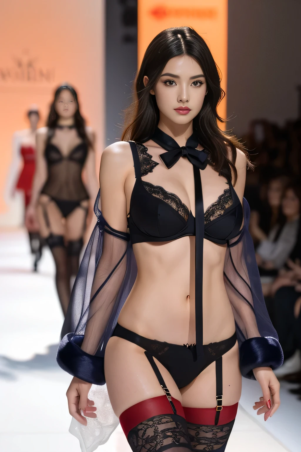 A woman in her fifties walking down the runway in black lingerie, thin, On the runway,{{{ no good::thin黒のランジェリー:, {{can see through}}}}, Very beautiful goth top model, {Very cute model, Fashion Show}, {{See-through,Lace Lingerie}}, attractive runway model, Revealing clothing, Catwalk photo, {{Panties are visible}}, {{The nipples of the breasts are visible through the,Tight dress}}, Walking the catwalk,{Red Garter Belt:1.5}, {Red Stockings:1.2}.Fashion Model