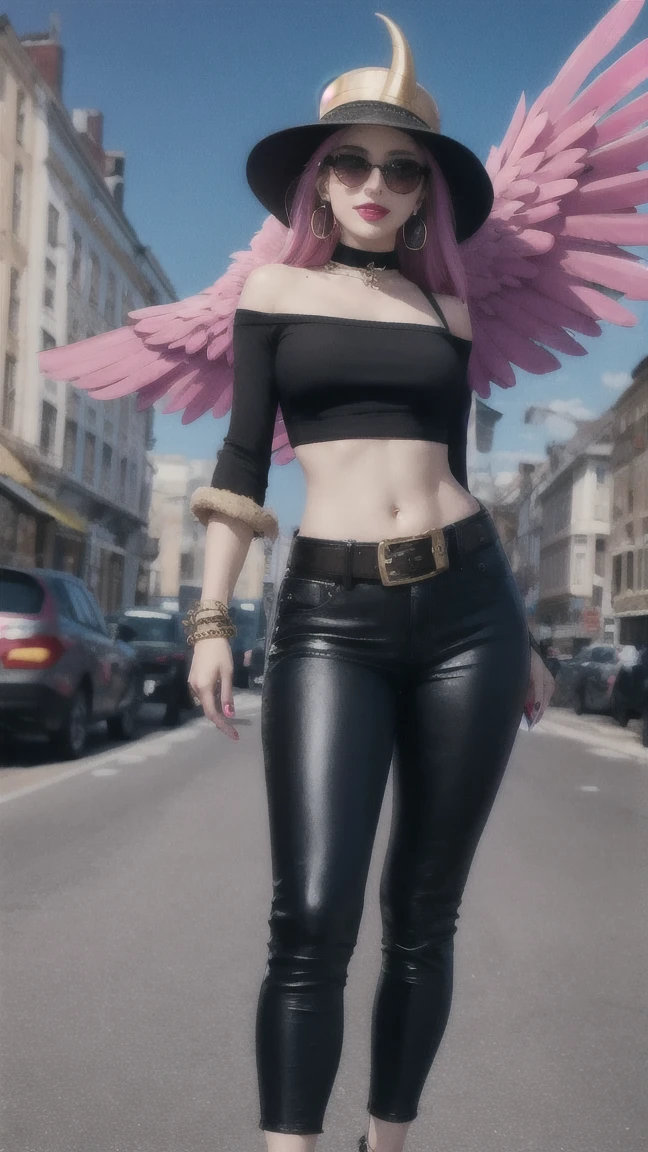 (masterpiece, best quality:1.2), 1girl, solo, city background, haze \(fortnite\), Harpy Haze From fortnite, 1girl, earrings, glasses, hat, jewelry, lips, long hair, looking at viewer, makeup, nail polish, pink eyes, pink hair, pink nails, smile, sunglasses, tinted eyewear, belt, black pants, crop top, eyeshadow, midriff, navel, pants, choker, fingernails, round eyewear, sharp fingernails, standing, black feathers, black headwear, hoop earrings, horned headwear, horns, denim, winged arms, feather trim, star \(symbol\), elbow gloves, dark pink lips, feathers, heels, shoes, angel wings, bangle, black wings, crop top overhang, feathered wings, harpy, low wings, multicolored hair, multicolored wings, pink wings, wings, fingerless gloves, high heels, shirt, long fingernails, boater hat, bootcut pants, leather pants, sleeves, black sleeves, 