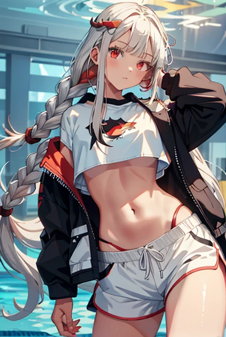 1 girl, by white, red eyes add_detail:1, belly button, looking at the viewer, hand on hip, black jacket, dolphin shorts, ingle, (white shirt:1.2), braid, very long hair, Wide hips, 
under the chest, shirt, 
Big\(Body proportions\), in pool add_detail, squat add_detail 