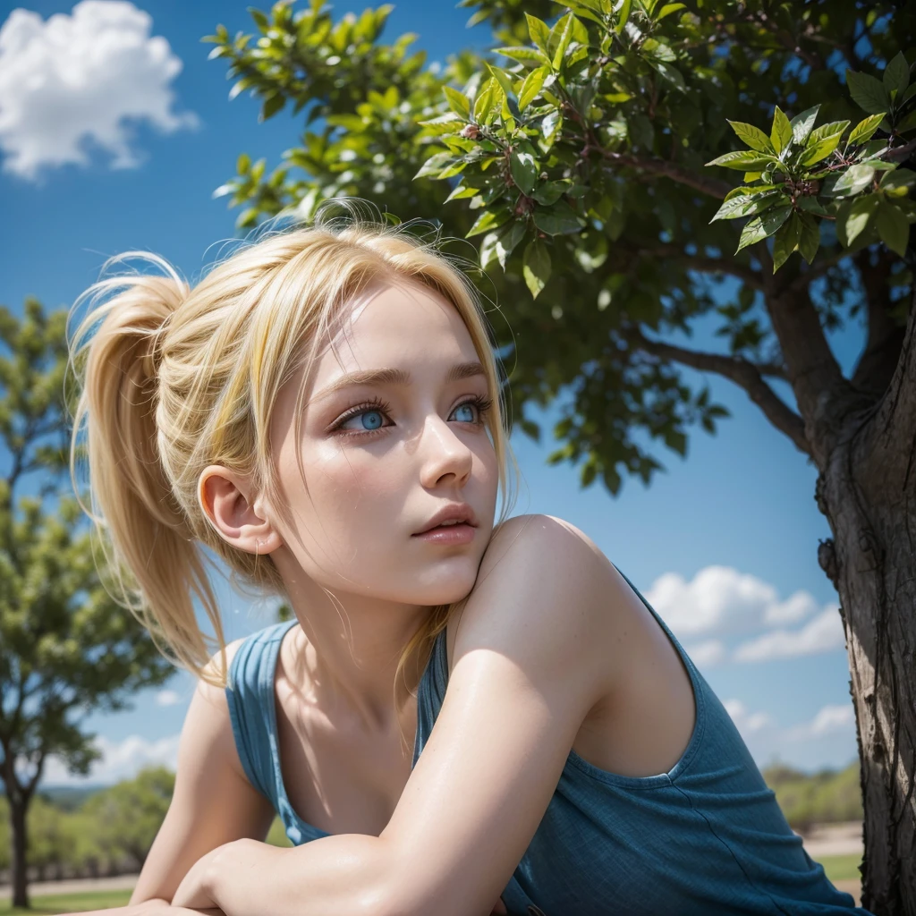 Woman, yellow hair, ponytail, blue eyes, resting close to a tree, looking at the Sky 