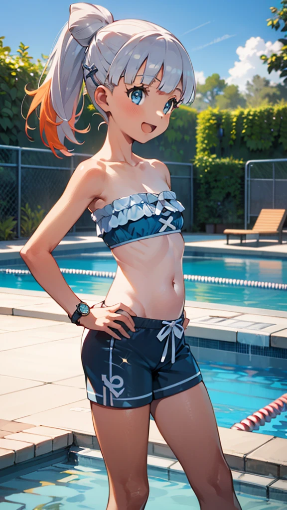 1 girl, masterpiece, best quality, highres, ro1, Misty from pokemon, hair bun, blue eyes, bikini top, blue bicycle shorts, small ponytail on the side, wristwatch, standing, hand on hip, smile, open mouth, (sparkle:1.1), orange hair, medium breasts, 3/4 body view, outdoors, swimming pool