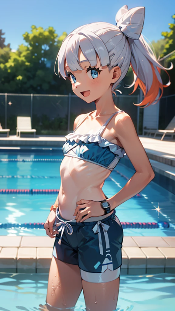 1 girl, masterpiece, best quality, highres, ro1, Misty from pokemon, hair bun, blue eyes, bikini top, blue bicycle shorts, small ponytail on the side, wristwatch, standing, hand on hip, smile, open mouth, (sparkle:1.1), orange hair, medium breasts, 3/4 body view, outdoors, swimming pool
