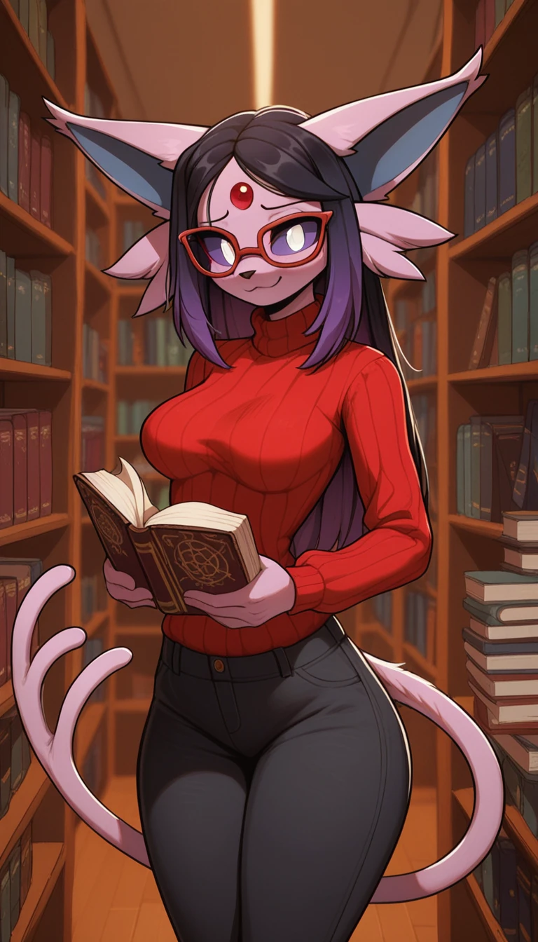 Excited expression, 1girl, anthro, furry, fur, fluffy fur, espeon girl, purple hair (black highlights), purple sclera, white eyes, pony tail hair, straight hair, (19 years), medium breast, thicc thighs, solo, (library), detailed, smug smile, red glasses, crimson turtle neck sweater, baggy pants (black pants), holding books, nervous, shy, looking at the viewer, score_9, score_8_up, score_7_up, score_6_up, score_5_up, score_4_up