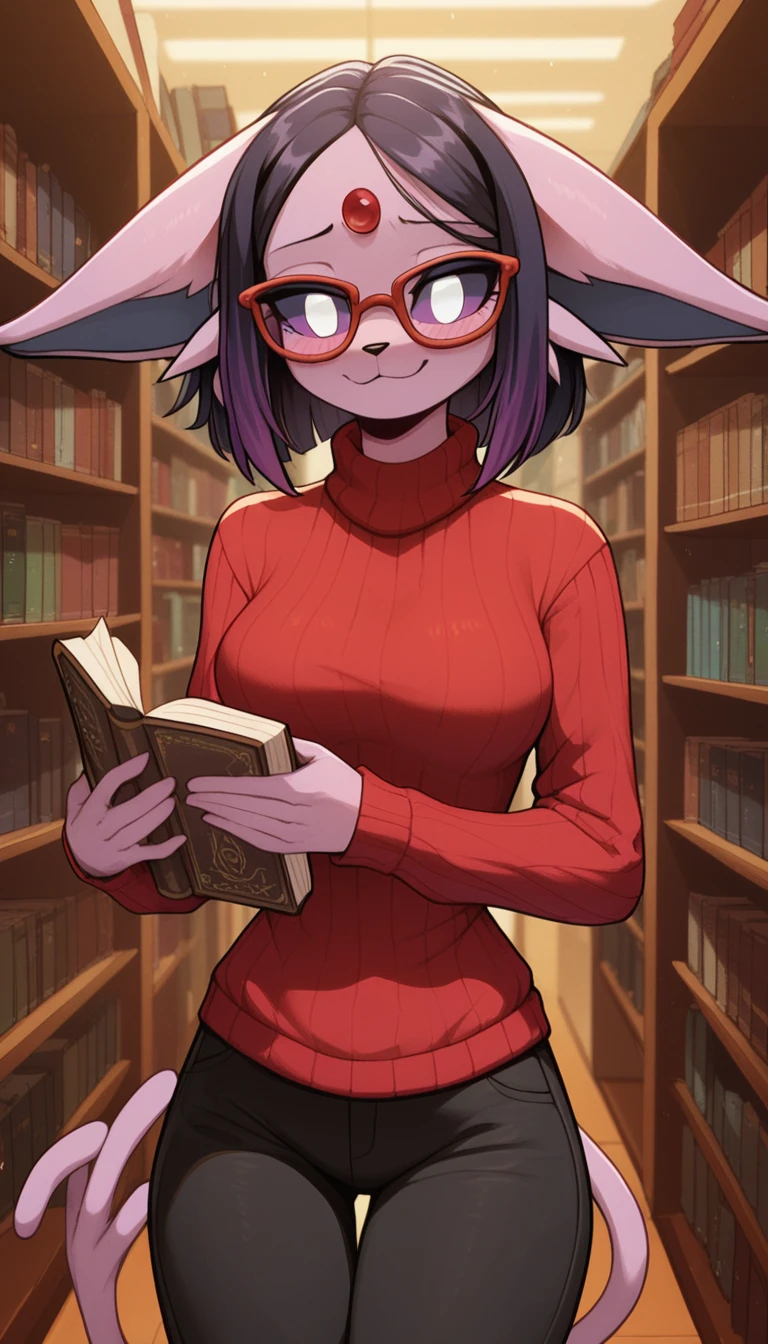 Excited expression, 1girl, anthro, furry, fur, fluffy fur, espeon girl, purple hair (black highlights), purple sclera, white eyes, pony tail hair, straight hair, (19 years), medium breast, thicc thighs, solo, (library), detailed, smug smile, red glasses, crimson turtle neck sweater, baggy pants (black pants), holding books, nervous, shy, looking at the viewer, score_9, score_8_up, score_7_up, score_6_up, score_5_up, score_4_up