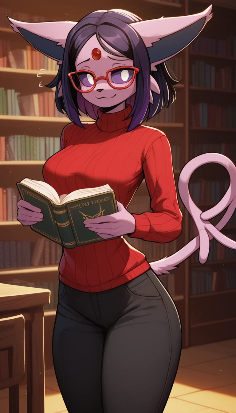 Excited expression, 1girl, anthro, furry, fur, fluffy fur, espeon girl, purple hair (black highlights), purple sclera, white eyes, pony tail hair, straight hair, (19 years), medium breast, thicc thighs, solo, (library), detailed, smug smile, red glasses, crimson turtle neck sweater, baggy pants (black pants), holding books, nervous, shy, looking at the viewer, score_9, score_8_up, score_7_up, score_6_up, score_5_up, score_4_up