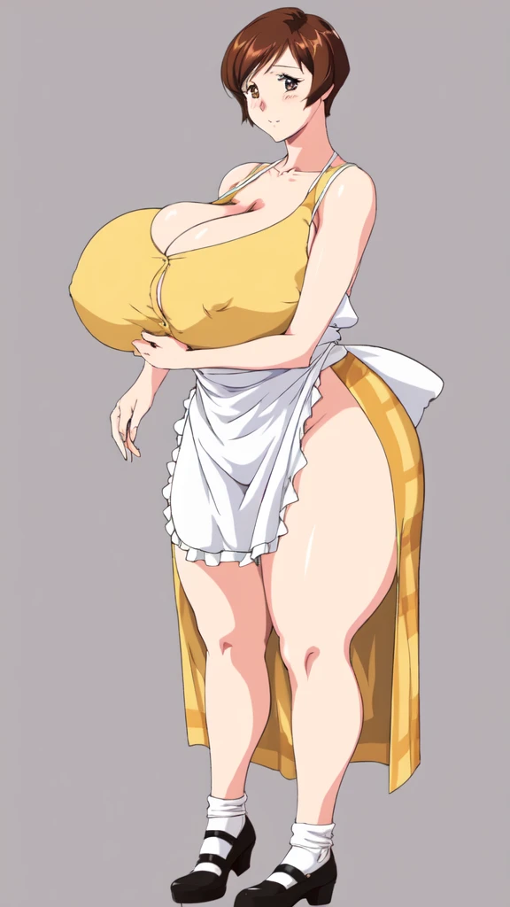 masterpiece, highest quality, High resolution, One girl, solo, sexual intercourse, Pornographic images, short hair, etsukoto, brown Eyes, fine grain, fine grain, (((Thick thighs, Plump thighs, Voluptuous thighs, Thighs alone are enough))), Huge and ample breasts, Cleavage, big long breasts, Naughty big,((big breasts are important))、((Naughty thighs)), L Cup, (thin:1.4),(Tight waist:1.4), (yellow dress:1.4), ((waist apron)), white panty, (((Simple Background))), ((Wide Hips)), Shiny, Oily skin, Mature mother, Calf, Seductive mature woman, milf, Perfect body, Plus Size Model, curvy, ample, etsukoto, blush, clavicle, retro artstyle, 1990s (style), (thick thighs:1.4), Bare legs, ((bursting breast)), firm breasts, (from side:0.9), full body, feet, looking away,