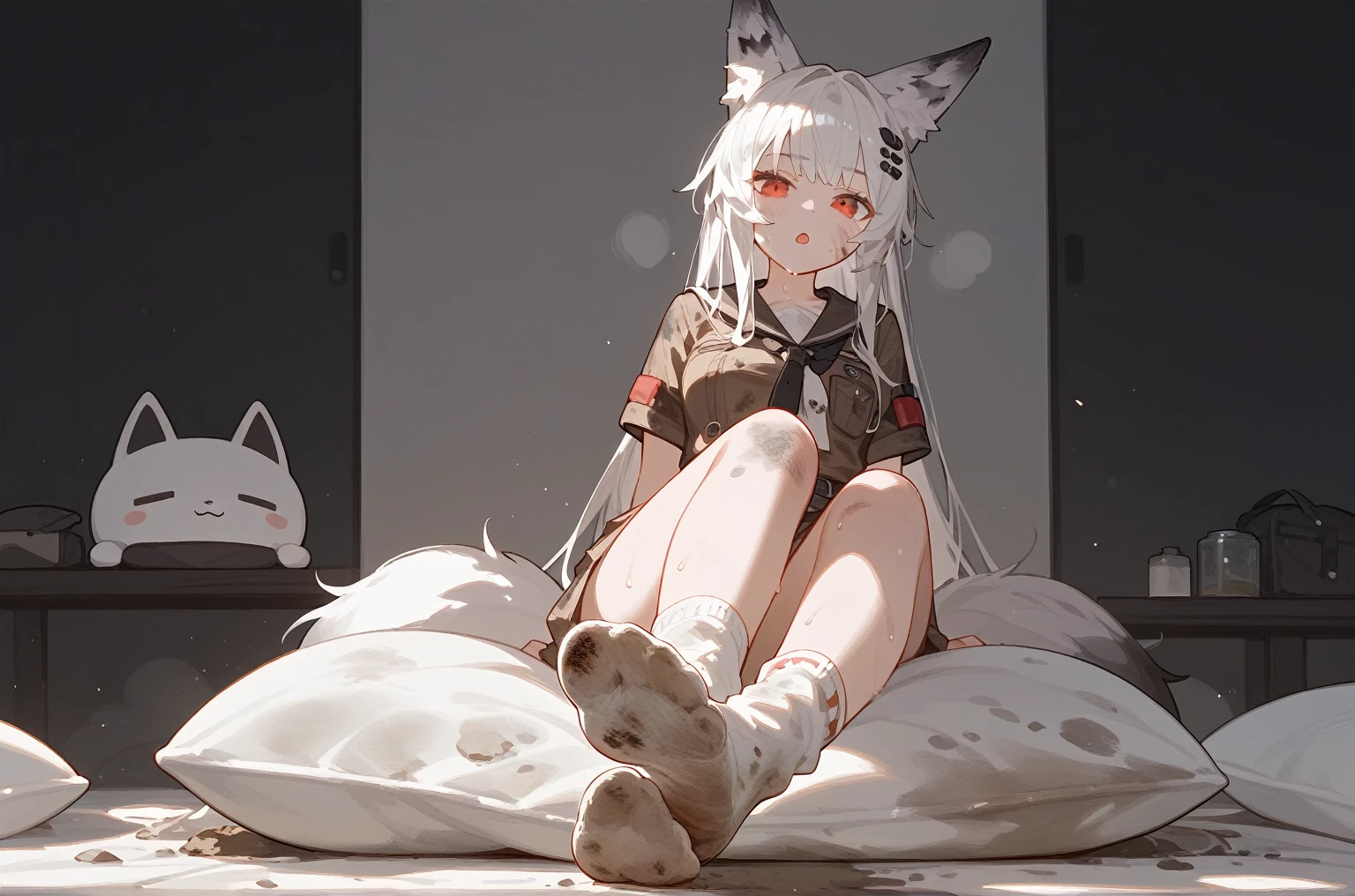 1 girl,dirty,foot,foot底,Red Eyes，breast,solitary,Long hair,White hair,,foot趾,foot部焦点,Looking at the audience,sit,Sweat,open mouth,dirty foot,Keep,indoor,Pillow,Bangs，White knee socks，Fox ears，There&#39;foot的泥土，White clothes，kimono，Japanese style，dirtyPillow，dirty床，女孩周围堆满Pillow，女孩踩踏2着Pillow，大量Pillow，Pillow上肮脏，,(Deluxe Rococo Canopy King Bed),On a big and spacious bed,(),,,,Luxurious curtains with ornate ruffles and ribbons surround the bed,((((There are many pillows piled on the bed)))),Detail of Quilt,Detailed bed sheets,女孩踩在Pillow上