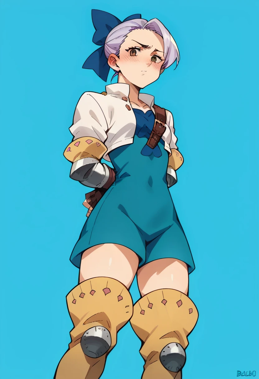 score_9, score_8_up, score_7_up, source_anime, masterpiece, jericho7, 1girl, lavender hair, hair bow, cropped jacket, blue dress, gauntlets, fingerless gloves, thigh boots, weapon on back, sky, blue sky, arms behind back, from below, blush, looking at viewer 