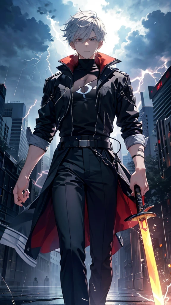 (Ultra-high resolution,masterpiece, Attention to detail, Highest quality), (8K),(Ultra-detailed skin、Super beautiful eyes、Detailed Background), Surrounding Lightning，Red and black lightning rain,Walk over,Holding a sword、One Man、Angry expression、A warrior worth a thousand men、spirits