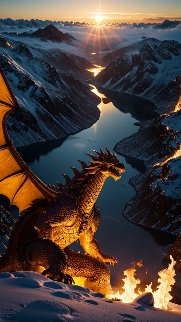 Giant dragon looking down from golden fire and ice looking about to attack or just admiring realistic 8k