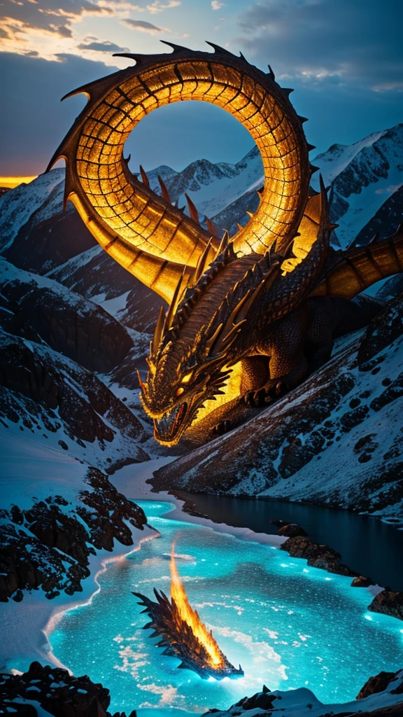 Giant dragon looking down from golden fire and ice looking about to attack or just admiring realistic 8k