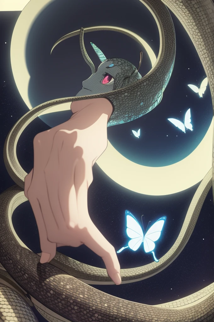 generate an image of a butterfly with a snake and a moon