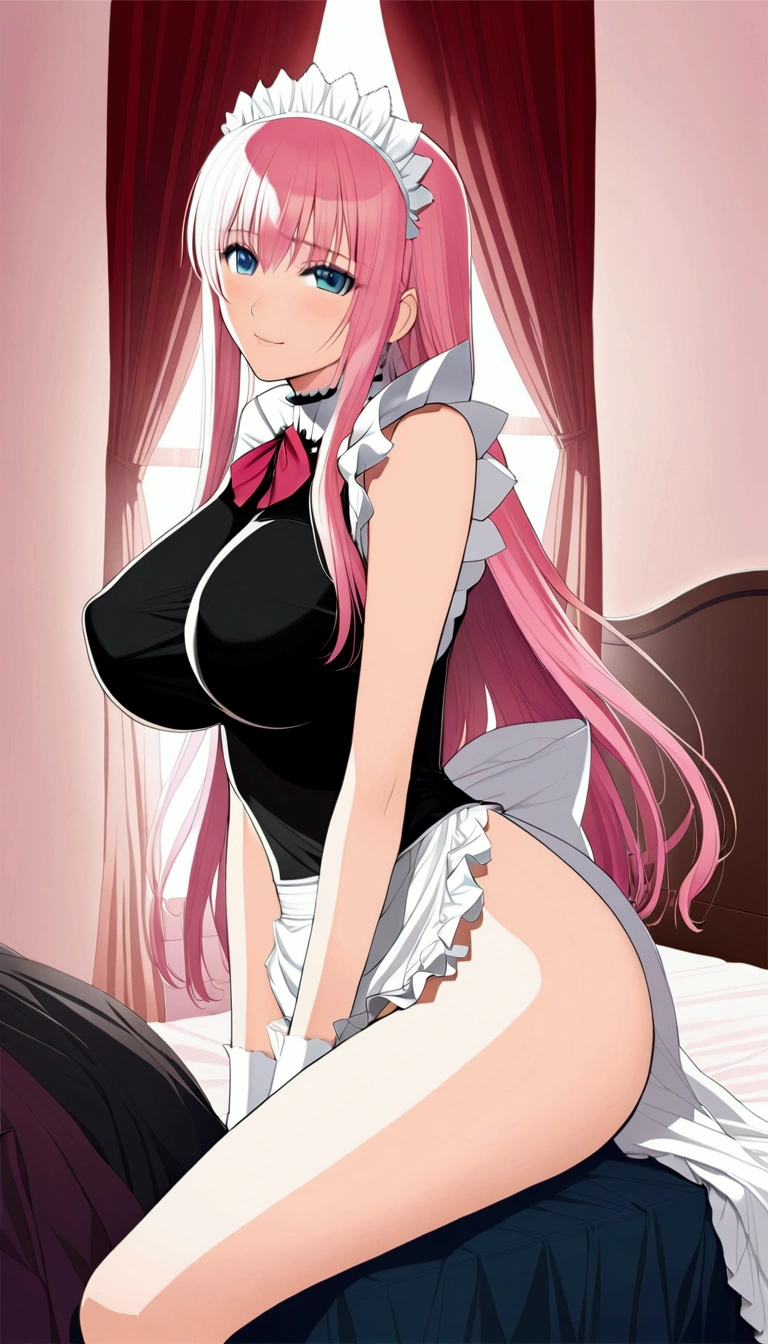 nsfw:1.1,Masterpiece:1.3,Detailed and beautiful depiction 1.3,Official Art,Beautiful adult woman ,Megurine Luka,Pink long hair,blue eyes,Large Breasts,Erotic smile temptation,Maid clothes,Cowgirl insertion sex with penis,Shaking breasts,sit,I&#39;m panting,bedroom