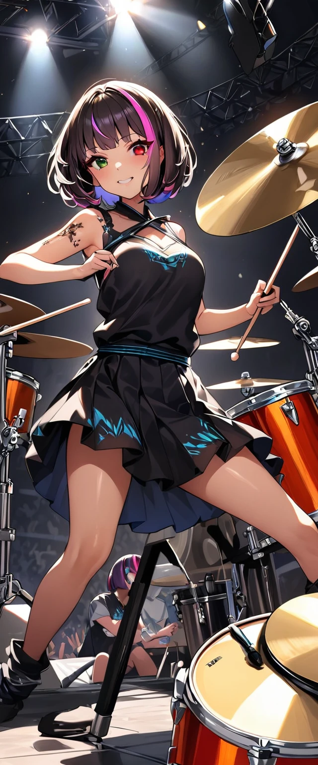 (highest quality:1.2, Very detailed, up to date, Vibrant, Ultra-high resolution, High Contrast, masterpiece:1.2, highest quality, Best aesthetics), girl、slim, ((drummer:1.8)), heterrochromia, green eye, red eye, Passionate performance、stage、Bright colors、Beautiful fine details、Beautiful lip detail、extra short hair, ((bob cut:1.5))、pink and purple ((streaked hair:1.9)), (highlights hair: 1.6), middium breast, (tan skin:1), Concert Light、Edgy Style、colorful Cheongsam, (no sleeve:1)、Dynamic Movement、hypnotic sounds, ((playing rock drums behind the drum set, ((Bass Drum)), Floor tom, Snare drum, Rack tom, Hi-hat, Crash cymbal, Ride cymbal:1.6)),, Stadium、amplifier、Loud music、,Sparkling stage、Concert atmosphere、Music Festival、Full of emotion、Rock star attitude、Resolute expression、Avid Fan、The presence of an attractive stage、 Expressive gestures、Rock star aura、An exciting atmosphere、An unforgettable show, (Floral Fineline tattoo design on right arm:1),