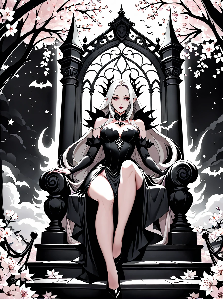 black and white, line art, (symmetrical:1.3), (low angle shot:1.3), (front view:1.3), coloring drawing orand staircase ascending) towards the heavens, at the top a beautiful ((vampire queen sits upon a menacing legendary throne)) (((looking at the viewer))), surrounded by cherry blossoms floating in the air, starry ethereal night sky as a backdrop, the thick outlines emphasize her vampiric aura of power and dominance, cosmic otherworldly presence, ((flames in the background))