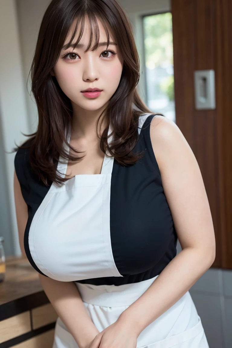 (Highest quality,masterpiece,Super detailed,8K,RAW Photos,Realistic,High resolution:1.2),(Cute Japanese Girl),(Super huge boobs:1.4),(Light brown hair),(apron:1.4),(Sensual:1.4),(Shoulder length),(A light smile),(Chubby:1.4)