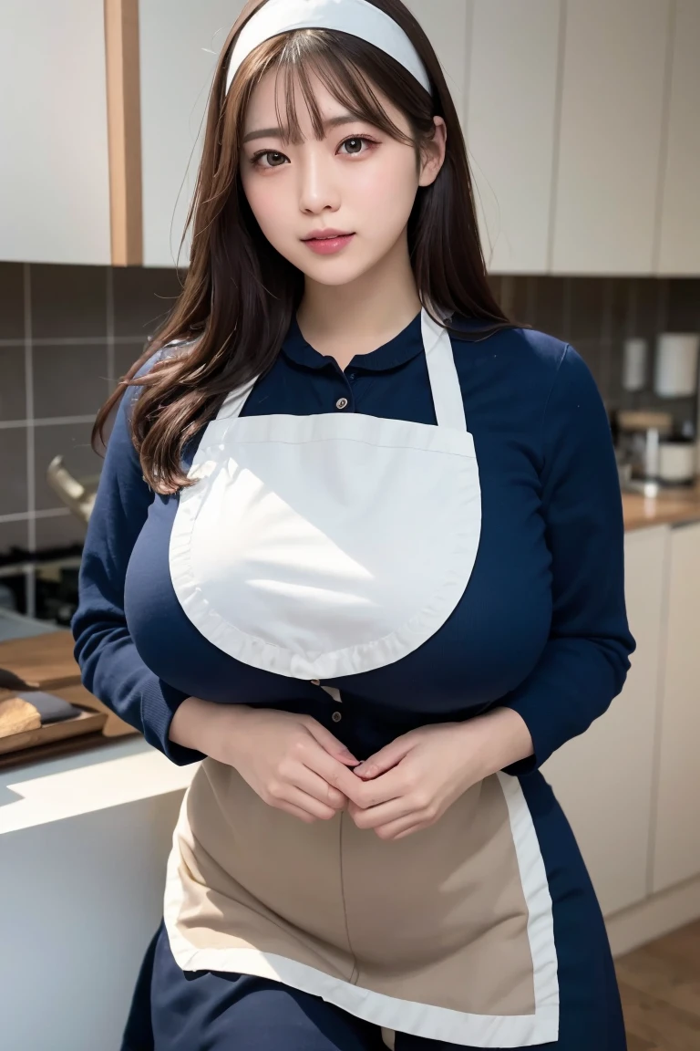 (Highest quality,masterpiece,Super detailed,8K,RAW Photos,Realistic,High resolution:1.2),(Cute Japanese Girl),(Super huge boobs:1.4),(Light brown hair),(apron:1.4),(Sensual:1.4),(Shoulder length),(A light smile),(Chubby:1.4)