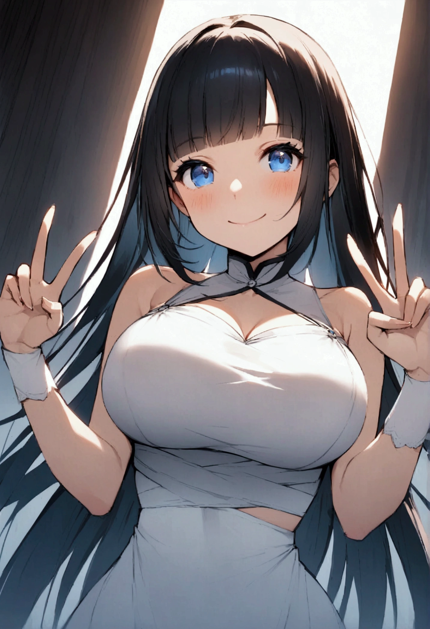 Hime cut with long black hair、Full-body illustration of a girl with straight bangs and blue eyes。she is wearing a white bikini、Have big breasts。She is smiling and making a peace sign with both hands.。