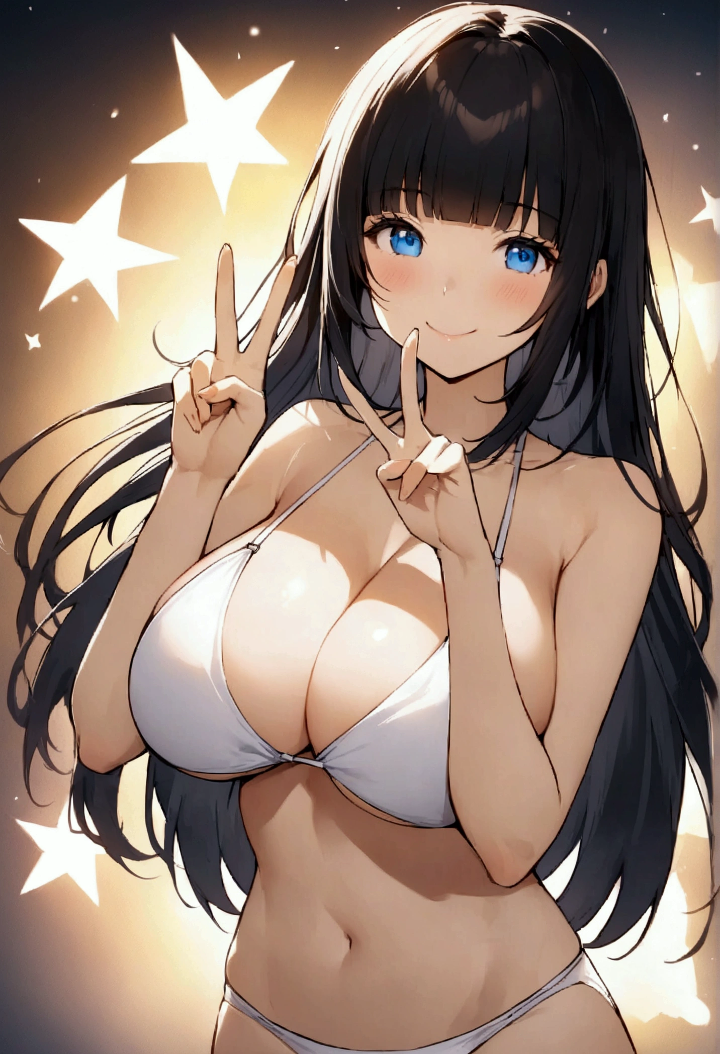 Hime cut with long black hair、Full-body illustration of a girl with straight bangs and blue eyes。she is wearing a white bikini、Have big breasts。She is smiling and making a peace sign with both hands.。