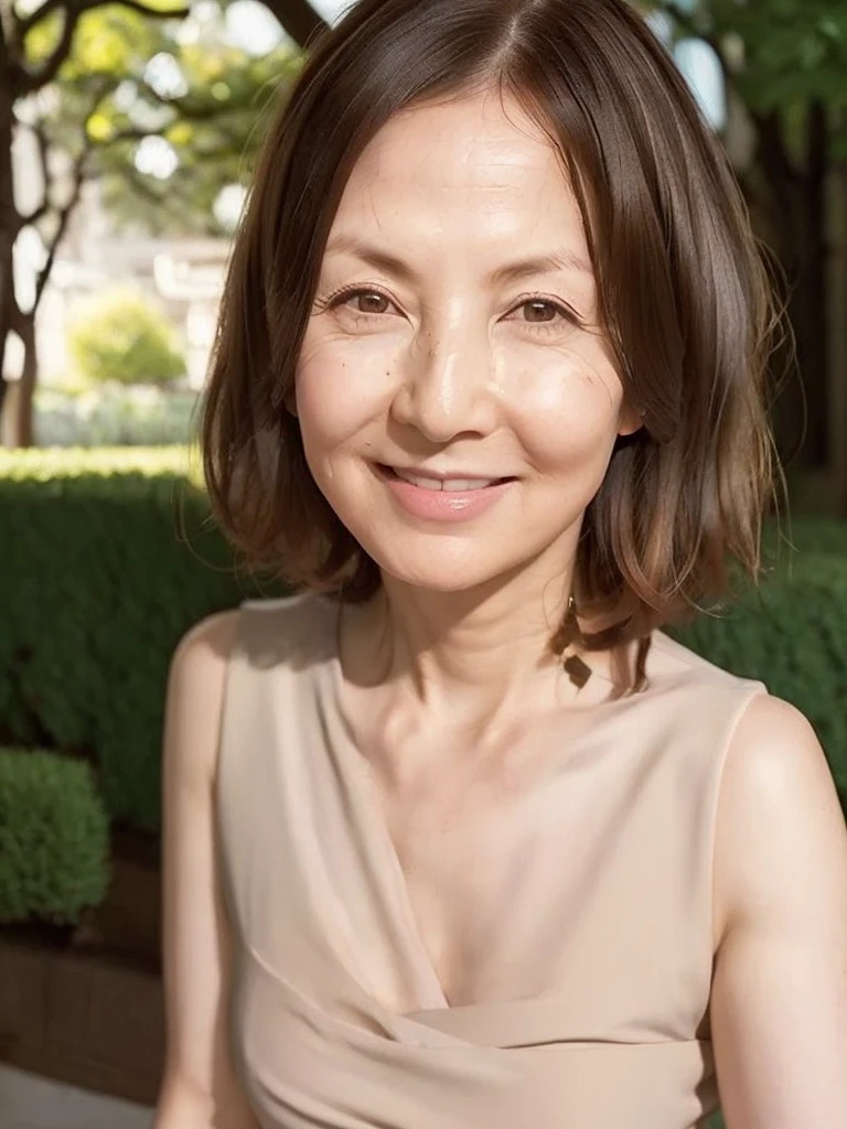((Highest quality, 8K, Ultra-high resolution)), ((masterpiece: 1.3)), (Perfect appearance), (Photorealism: 1.6), (JMA), (KE), 60 years old,(Mature Woman:1.2), Captivating Gaze, Brown eyes, (She has many wrinkles on her face:1.4), ((Realistic skin texture)), (Fine wrinkles appear all over the skin, Dullness, Unmoisturized skin, Wrinkles around the eyes, double eyelid, Lower eyelid tear sulcus, Dimples), wide open lips, A big smile, (Medium Wave Hairstyle), (Small A cup breasts:1.1),日本人Mature Woman), Eyes visible through hair, Grey hair and bob hair, Proper eye position, Cinematic Light, Soft Light, Waist, at night, detailed color graded background, Complex, Very detailed, 8K, Overall silhouette, Posing gracefully in a gorgeous park, wood々Rays of light shining into, bench, (Transparent sundress: 1.1) (Great Wes Anderson shot: 1.3), Look straight into the camera