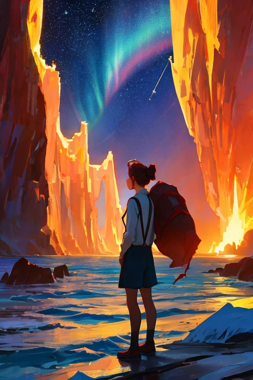 Starry sky over the sea,Great Blood Moon,Giant whaleeteors streak across,aurora borealiiddle parted hairstyle,Suspenders,Boy student