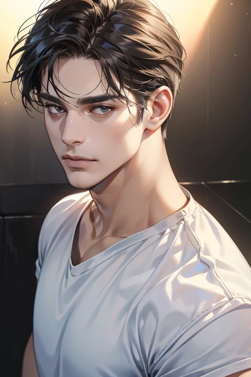(Best quality,4K,8K,a high resolution,masterpiece:1.2),ultra detailed,(realistic,photorealistic,photo-realistic:1.37),39 year old man,Beautiful anime,portraits,strong,masculine,dark hair,Sharp jawline,Mesmerizing eyes,Perfectly styled hair,confident expression,bright colors,dynamic lighting,Brown eyes,(Black T-shirt),(dark skin),((mature man, man 40 years old)), (square jaw)