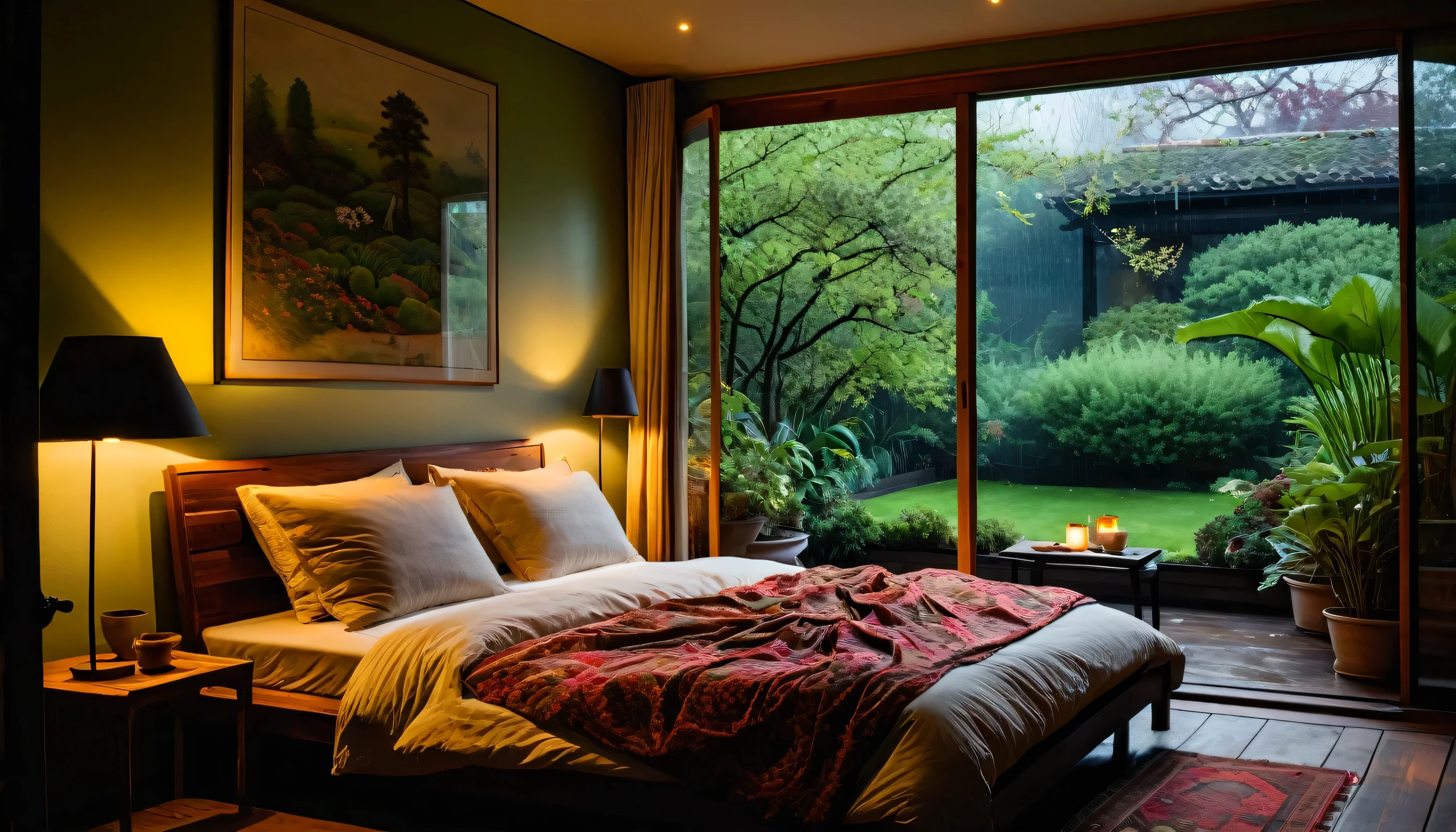 The picture shows a cozy bedroom with large windows offering views of the beautiful, dimly lit garden AND FLOWER-soaked gardens. CINEMATIC, JAPANESE HOUSE, the shape of a Japanese house, and lots of flower gardens in the garden. The bed was unmade with crumpled sheets, indicating only sleep in peace. looks dim, gloomy. Beside the bed there is a small table with a classic lamp burning which radiates warm light into the room. Outside the window, lush green plants can be seen on the terrace or balcony area, rain is falling, the lamp on the left provides warm lighting, creating a calm and peaceful atmosphere. with mist partially obscuring the landscape in the distance. The contrast between the warmth indoors and the rain outdoors creates an inviting and calming atmosphere
