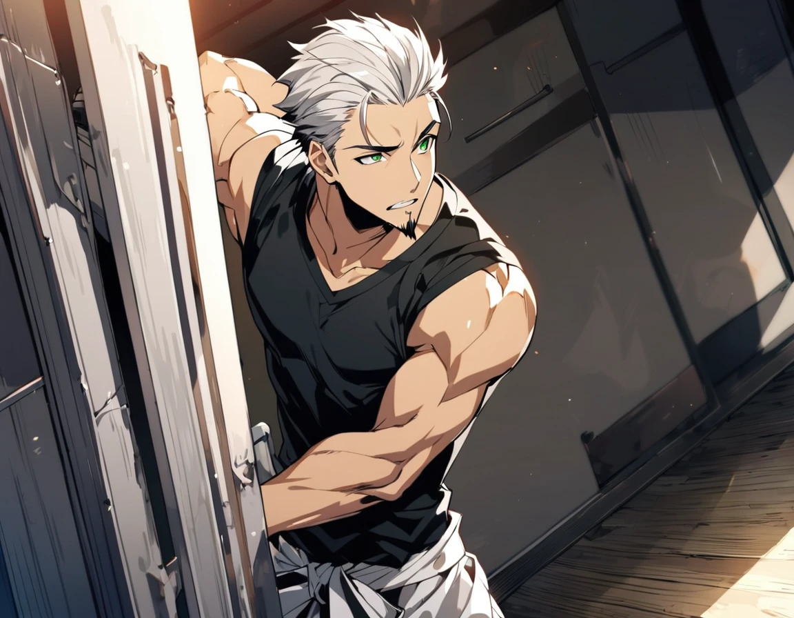 1 boy, male focus, Intricate details, 1 man, handsome, white hair, vibrant green eyes, slim muscles, anime, 19 years old, 19 years old, a small goatee, shinigami kimono, shinigami, bleach style, bleach, tank top, kimono , bleach, bleach style (black kimono), (the character would look frustrated because a dear friend would be leaving forever and he would be trying to stop it).