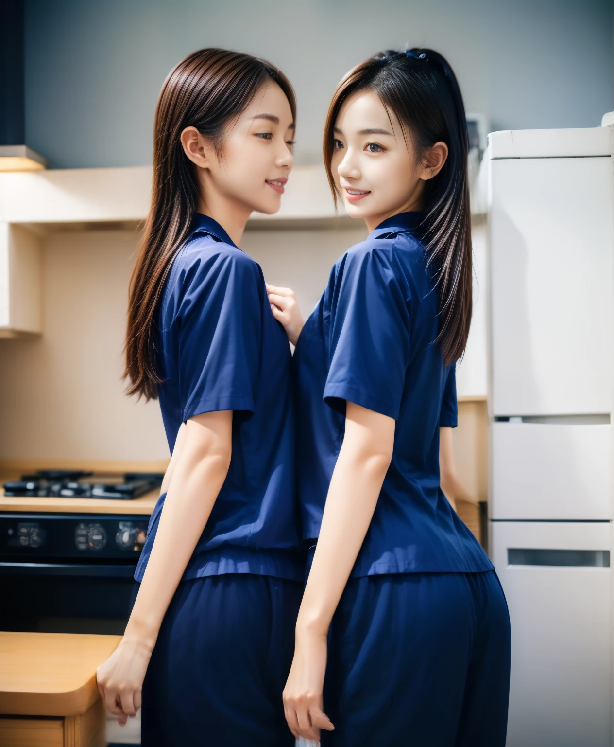 (best quality,10,10,height,Masterpiece:1.2),Special details,(realistic,ภาพrealistic,Realistic photos:1.37),1 Cute girl in the kitchen,shiny, ผิวshiny,only,smile softly,BDclothelue shirt:1.3)),short sleeve,shirt, กางเกงขาlong.,(navy_long_track pants:1.1), ((Kitchen Background)),Dynamic angle,excited,Face focus,dynamic poses,from behind,focus on ass,Masterpiece, best quality, ultra realistic, hyper detail, 8k resolution, raw photos, Sharp focus, ((Navy blue shirt:1.1)), short sleeve, เส้นทางlong, perfect body, 2 mature women, 18 years old, Cinema-grade lighting system,blue sweatpants,shirtผ้าออกกำลังกาย,correct anatomy,perfect body, correct body, Sharp face, correct bodyทางกายวิภาค, full body, realistic gestures, long-haired, realistic poses,Wear long shorts...........................,ช่วงขาlong,Good shape,carved girl, Slender figure, model, Good shape, beautiful body,blue sweatpants, two girls kissing