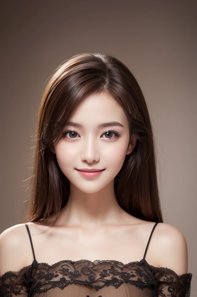 ((Highest quality, 8K, masterpiece :1.3)), One girl, smile, whole body, Slim face, Beautiful woman, (Dark brown hair)Highly detailed face, Fine grain, double eyelid, Blur the background, Slim face,