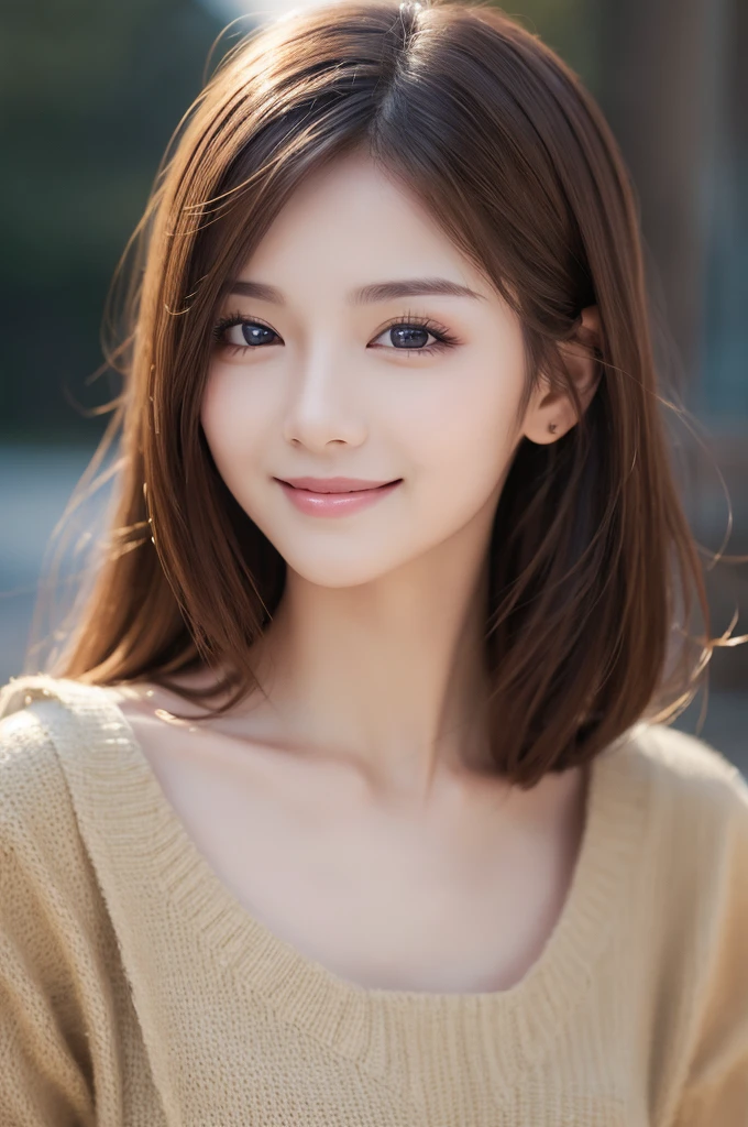 ((Highest quality, 8K, masterpiece :1.3)), One girl, smile, whole body, Slim face, Beautiful woman, (Dark brown hair)Highly detailed face, Fine grain, double eyelid, Blur the background, Slim face, 