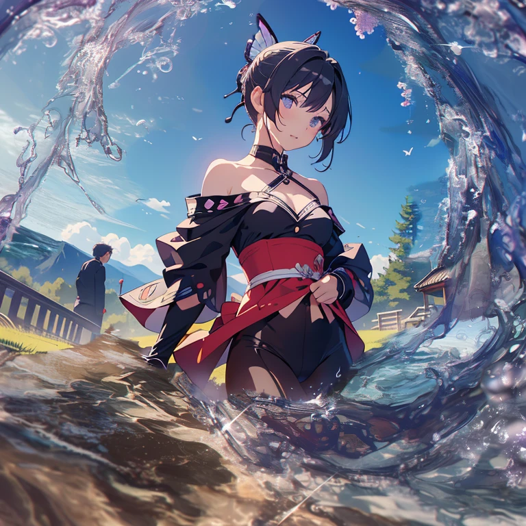 (masterpiece), (Highest quality), (Super detailed), (Best illustrations), (Best Shadow), (Absurd), woman, Age 25, View your viewers, vapor, shy, Red nose, Browsing Caution, Medium chest, nude, To do, climax, 軽い笑face, kochou shinobu, amount,Black Shirt,Black pantsuit,Haori,butterfly,band, Purple Flower,mostly cloudy null,Light of the sun,Tyndall effect,Slope_null,face,beautiful null,Sabre on waist,Seductive posture, (Off-the-shoulder outfit:1.3),