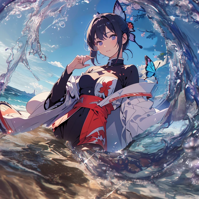 (masterpiece), (Highest quality), (Super detailed), (Best illustrations), (Best Shadow), (Absurd), woman, Age 25, View your viewers, vapor, shy, Red nose, Browsing Caution, Medium chest, nude, To do, climax, 軽い笑face, kochou shinobu, amount,Black Shirt,Black pantsuit,Haori,butterfly,band, Purple Flower,mostly cloudy null,Light of the sun,Tyndall effect,Slope_null,face,beautiful null,Sabre on waist,Seductive posture, (Off-the-shoulder outfit:1.3),