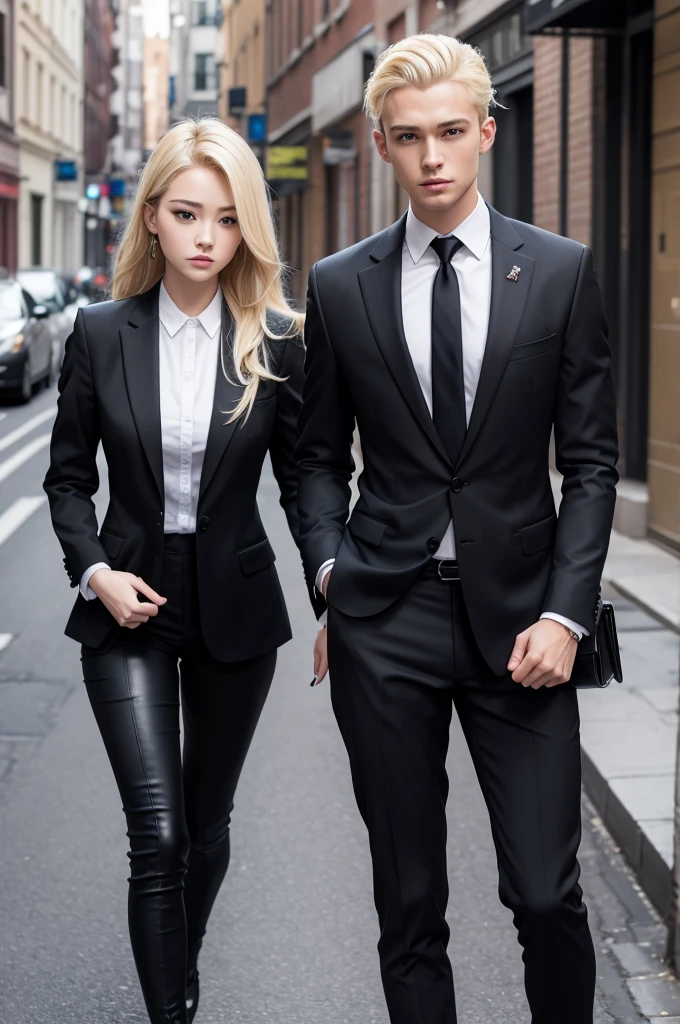 Blonde in suit with black bible
