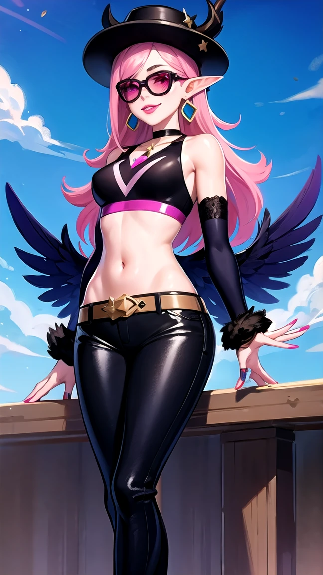 (masterpiece, best quality:1.2), 1girl, solo, city background, haze \(fortnite\), Harpy Haze From fortnite, 1girl, earrings, glasses, hat, jewelry, lips, long hair, looking at viewer, makeup, nail polish, pink eyes, pink hair, pink nails, smile, sunglasses, tinted eyewear, belt, black pants, crop top, eyeshadow, midriff, navel, pants, choker, fingernails, round eyewear, sharp fingernails, standing, black feathers, black headwear, hoop earrings, horned headwear, horns, denim, winged arms, feather trim, star \(symbol\), elbow gloves, dark pink lips, feathers, heels, shoes, angel wings, bangle, black wings, crop top overhang, feathered wings, harpy, low wings, multicolored hair, multicolored wings, pink wings, wings, fingerless gloves, high heels, shirt, long fingernails, boater hat, bootcut pants, leather pants, sleeves, black sleeves, 