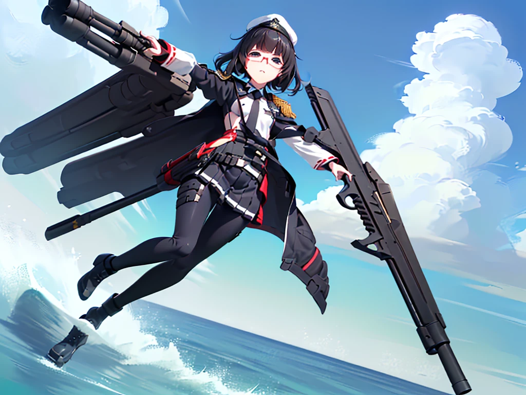 (((masterpiece, Vision))), ((((Full body of a woman with perfect flat chest、1 Female、solo、Short unkempt black hair、Tie your messy hair at the nape of your neck、white military jacket、Miko costume、black tights、Black glasses are black、White military cap、Cloudy black eyes、Confused eyes、Junyo-inspired emblem、Ship-style boots)))), (((Shipgirl))), ((Floating on the morning sea with both feet)), (Standing with your legs apart)), Aim, (Hold the shotgun turret grip with your right hand), (Four mechanical tentacles covered in white armor extend from its back.), (Holding a shotgun with metal tentacles), (Equipped with a bridge on the back), (His left arm holds the grip of a triple-barreled shotgun),