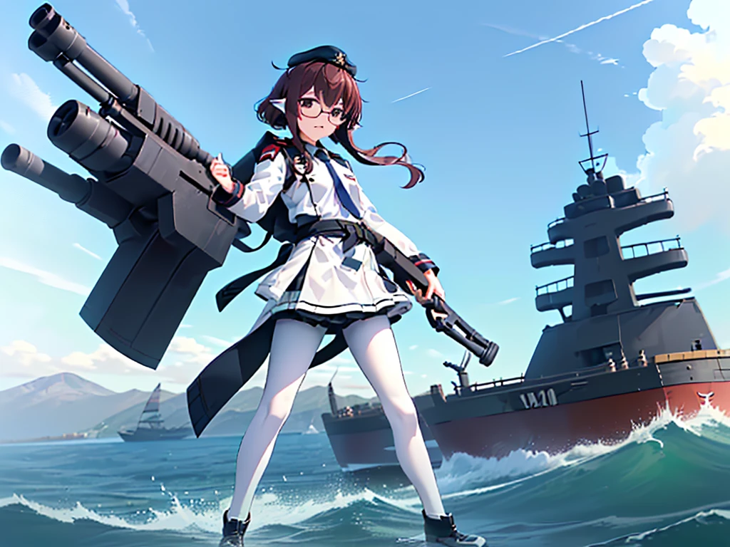 (((masterpiece, Vision))), ((((Full body of a woman with perfect flat chest、1 Female、solo、Short unkempt black hair、Tie your messy hair at the nape of your neck、white military jacket、Miko costume、black tights、Black glasses are black、White military cap、Cloudy black eyes、Confused eyes、Junyo-inspired emblem、Ship-style boots)))), (((Shipgirl))), ((Floating on the morning sea with both feet)), (Standing with your legs apart)), Aim, (Hold the shotgun turret grip with your right hand), (Four mechanical tentacles covered in white armor extend from its back.), (Holding a shotgun with metal tentacles), (Equipped with a bridge on the back), (His left arm holds the grip of a triple-barreled shotgun),