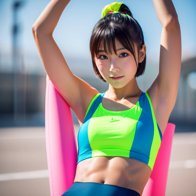 Anime girl in bikini with tennis racket in hand, hatsune miku short hair, Fubuki, Mikudayo, Ecchi anime style, Anime girl with teal hair, anime moe art style, Smooth Anime CG Art, Rei Hiroe, Seductive Anime Girl, pixiv 3dcg, visual novel cg, Ecchi style, (Best quality, 8k, 32k, Masterpiece, UHD:1.2),Photo of Pretty Japanese woman, large breasts, very short bob hair,upper body,face focus,oversized_sweater, necklace, simple background, from above, looking at viewer,