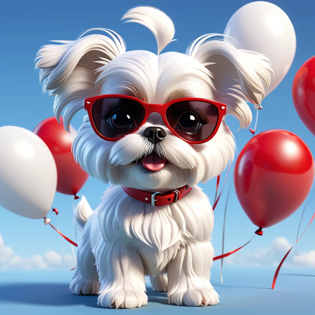 Adorable small white Shih Tzu puppy wearin red sunglasses balloons flying 3d cartoon 3d render disney pixar style