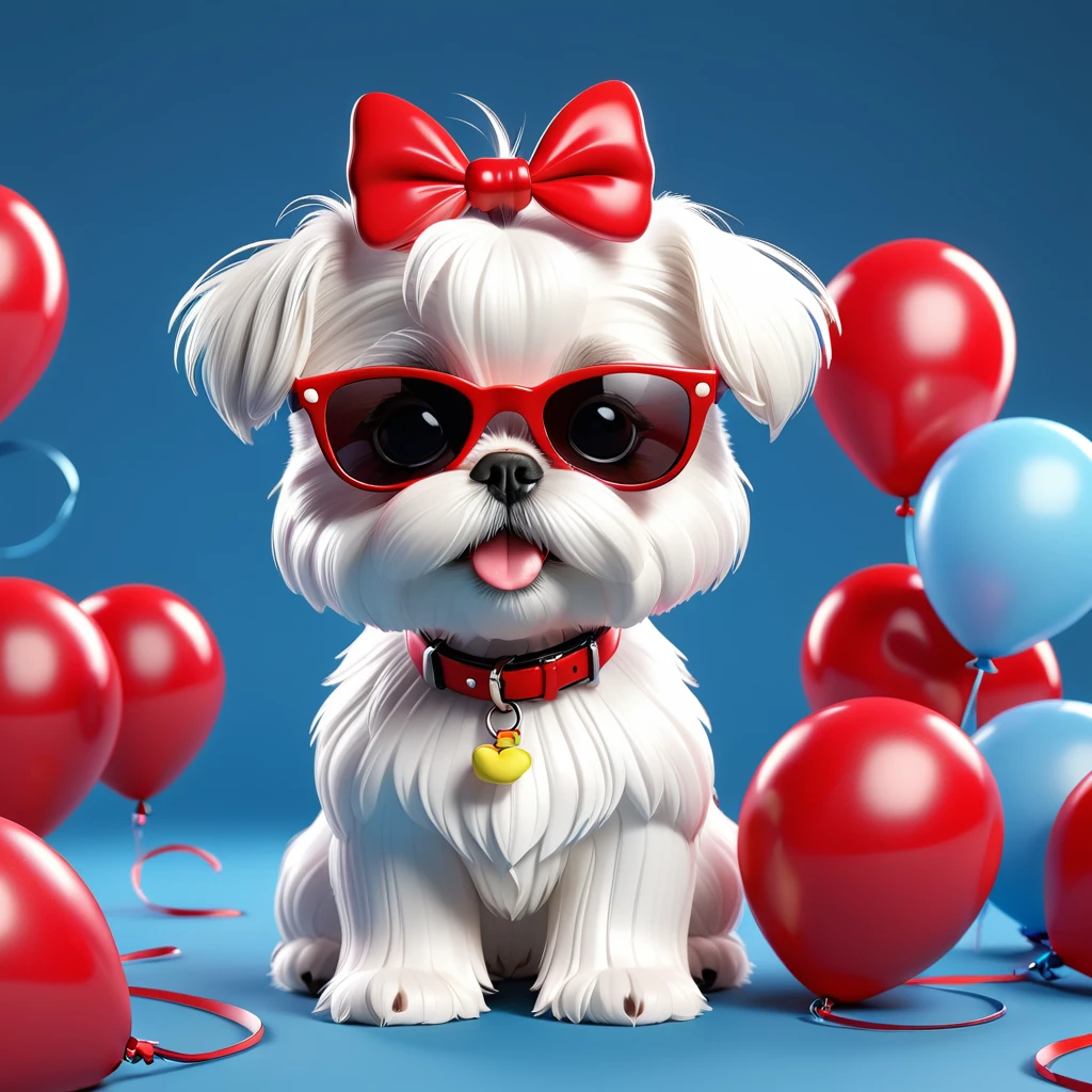 Adorable small white Shih Tzu puppy wearin red sunglasses balloons flying 3d cartoon 3d render disney pixar style