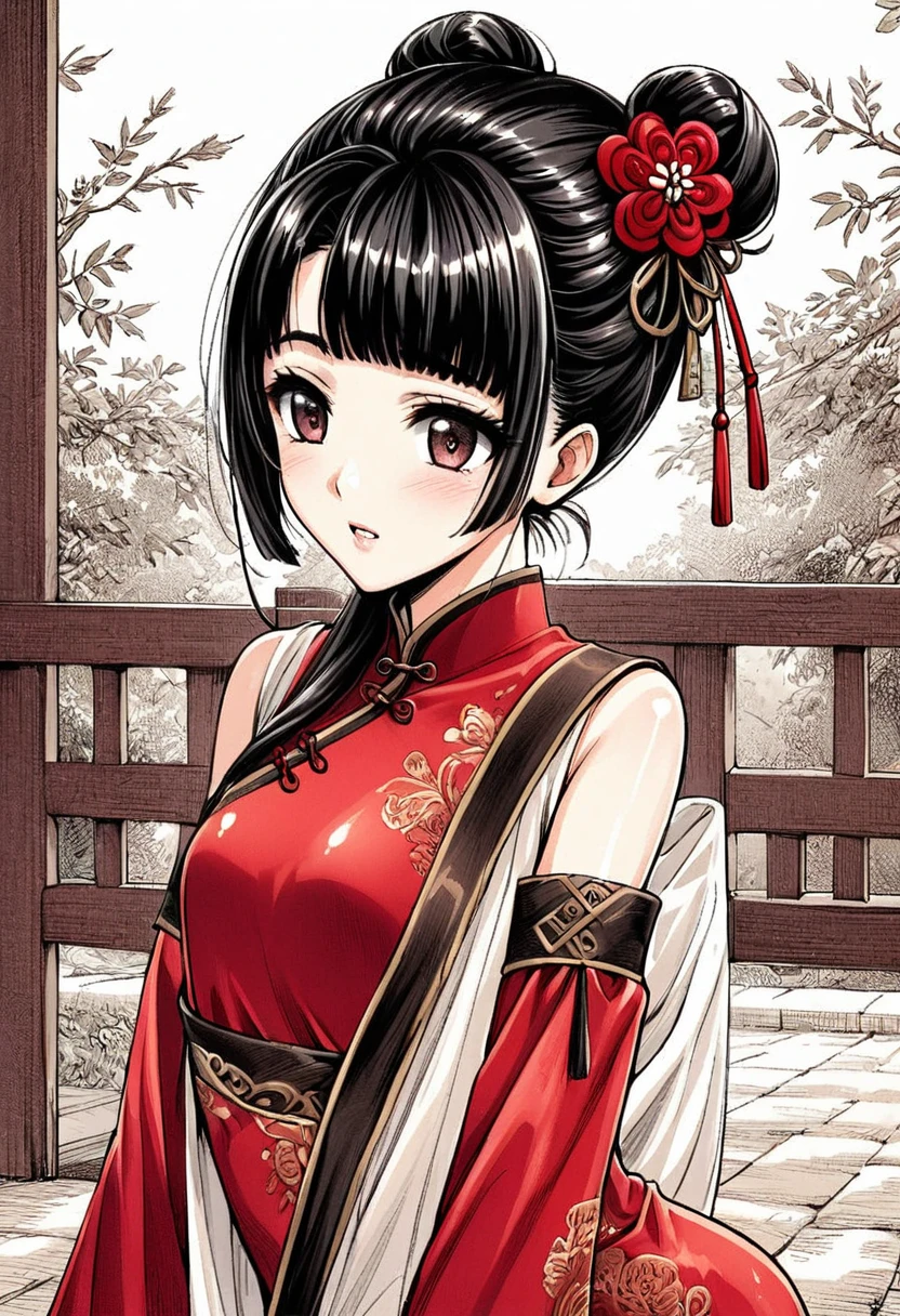 Period drama manga style A -yeld su beautiful Chinese girl with black hair in a bun cut(1 person) She is wearing a royal long-sleeved Chinese dress She cries She Exposes Her Nipples and Does the Daishuuki Hold.Gets fucked in