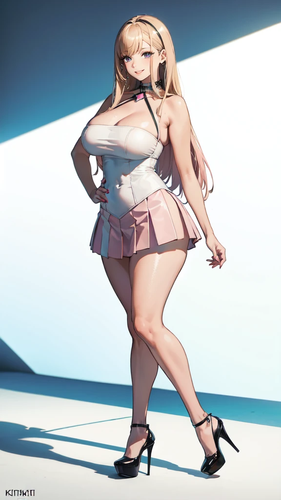 ((masterpiece, high resolution, better quality, better details)), ((Marin Kitagawa)), ((Smiling)), ((one girl)) a girl modeling standing, mini skirt, blouse, ((big neckline)), ((platform high heels)), pink eyes with black outline, (light blonde hair, straight hair, straight bangs, long hair)), long nails, pink nails, (((curvy body))), shiny skin, ((side view)), solo, bare shoulders, full body, focus full body, high heels, ((White background)),