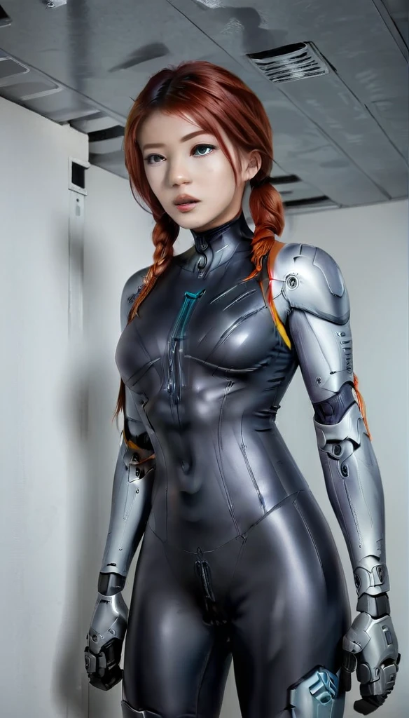 1 Girl、Medium Bust、solo、red Hair、Braid、Mobile Race Suit、Shoulder Armor、ceiling、Wide Shot、Looking Ahead、zipup suit 、Closed Mouth、Highest quality、medium quality、22 years old、Mobile Trace System、cockpit、Asian、CyborgCosplay

