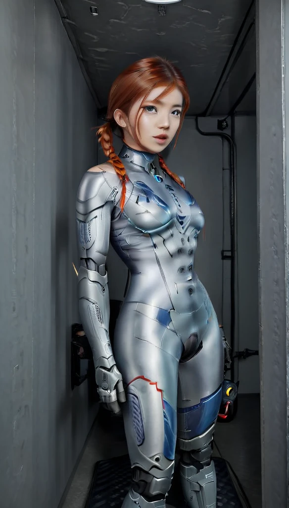 1 Girl、Medium Bust、solo、red Hair、Braid、Mobile Race Suit、Shoulder Armor、ceiling、Wide Shot、Looking Ahead、zipup suit 、Closed Mouth、Highest quality、medium quality、22 years old、Mobile Trace System、cockpit、Asian、CyborgCosplay

