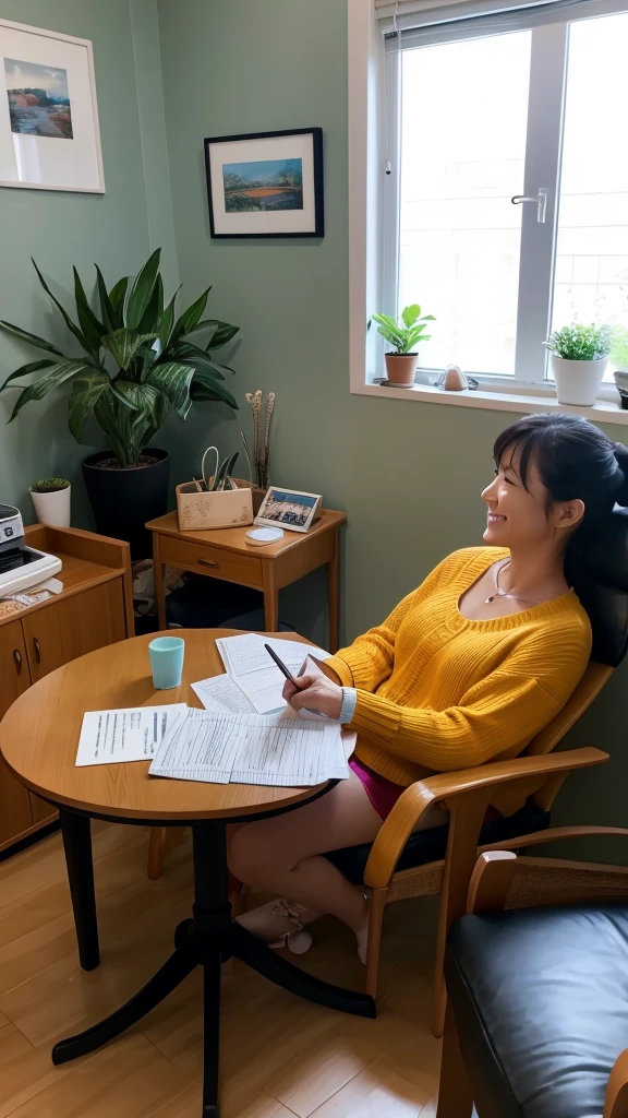 Bright and comfortable counselling room。The counselor sits in a chair、Listening to the client with a smile。The counselor has a notebook and pen.、In a relaxed manner、Nodding sympathetically。The client is smiling and talking.、There is a warm atmosphere between the two of them.。Between them is a small table with a tissue box and a glass of water on it.。The background features muted artwork and potted plants.。