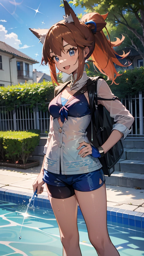 1 girl, masterpiece, best quality, highres, ro1, Misty from pokemon, hair bun, blue eyes, bikini top, blue bicycle shorts, small ponytail on the side, wristwatch, standing, hand on hip, smile, open mouth, (sparkle:1.1), orange hair, medium breasts, 3/4 body view, outdoors, swimming pool