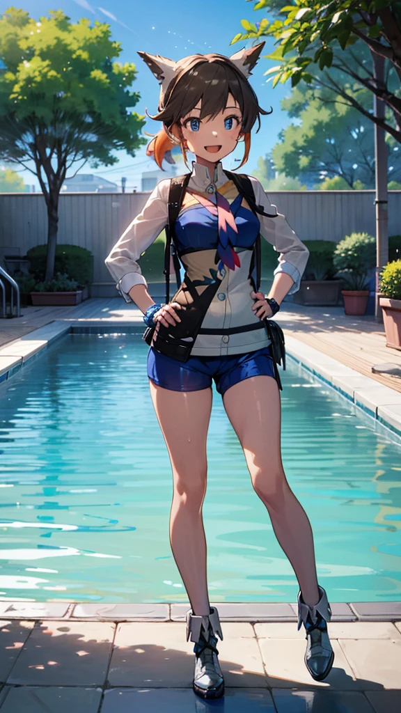 1 girl, masterpiece, best quality, highres, ro1, Misty from pokemon, hair bun, blue eyes, bikini top, blue bicycle shorts, small ponytail on the side, wristwatch, standing, hand on hip, smile, open mouth, (sparkle:1.1), orange hair, medium breasts, 3/4 body view, outdoors, swimming pool
